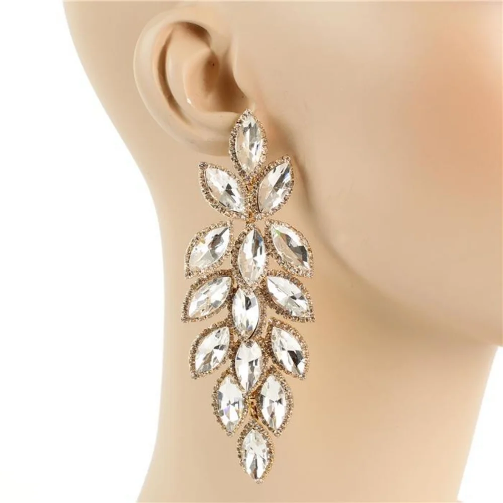 Gold Marquise Crystal Leaf Drop Dangle Earrings 3.25